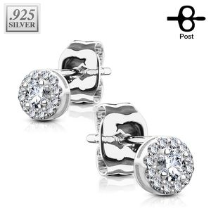 Pair of .925 Sterling Silver Stud Earrings/CZ Paved Round with CZ Center